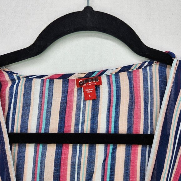 Guess Cropped Top Womens Large Sheer Long Sleeve Ruffle Striped Tie Front - Picture 5 of 9